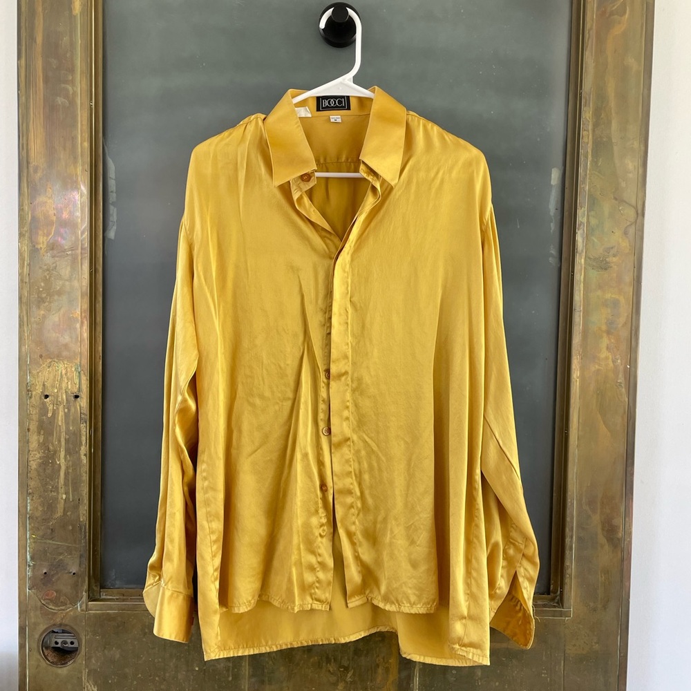 Vintage 90s BOCCI 100% Silk Mustard Gold Oversized Shirt M